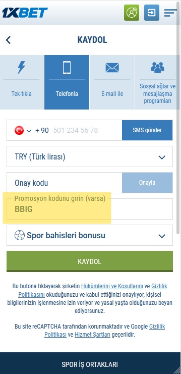 1xbet kayıt formu