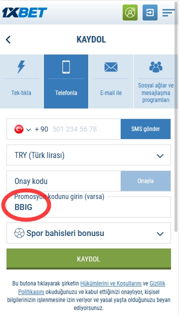 1xbet kayıt formu