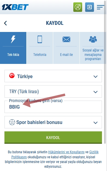 1xbet kayıt formu