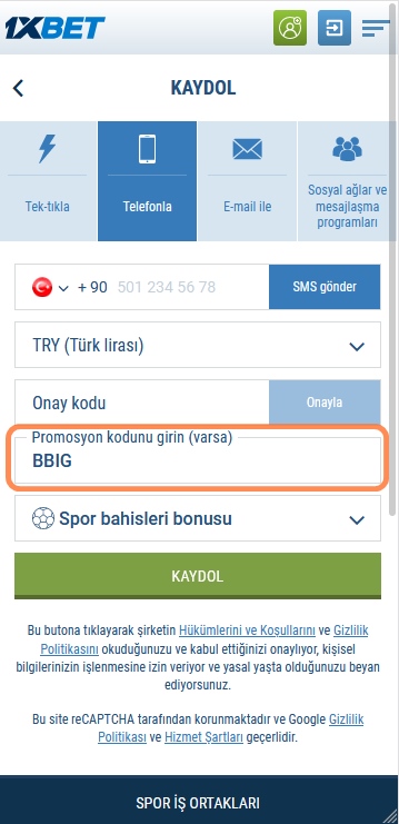 1xbet kayıt formu