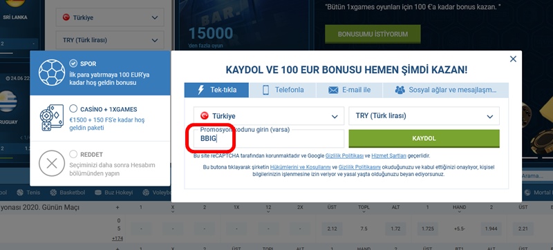 1xbet kayıt formu