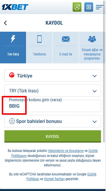 1xbet kayıt formu