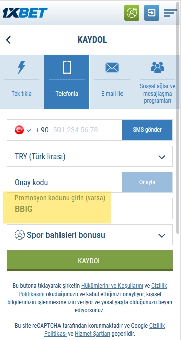 1xbet kayıt formu