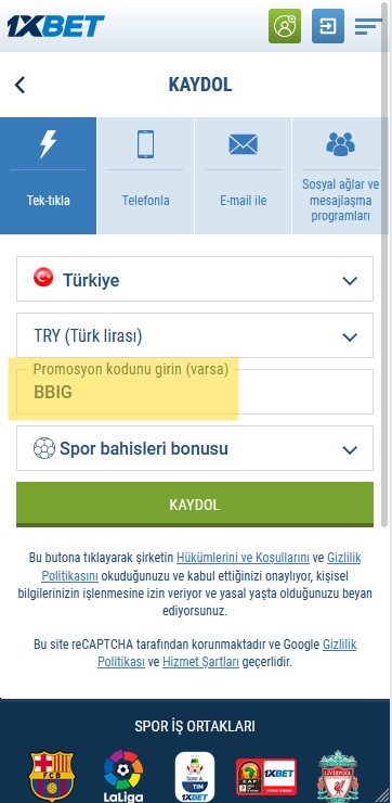 1xbet kayıt formu