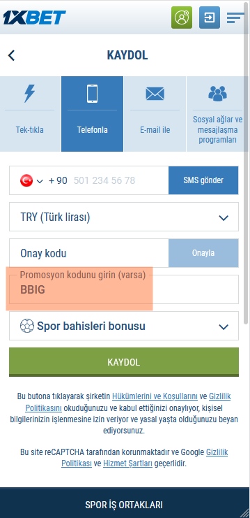 1xbet kayıt formu