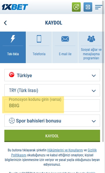 1xbet kayıt formu