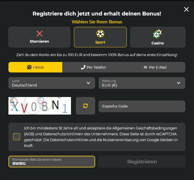 BetWinner Anmeldeformular