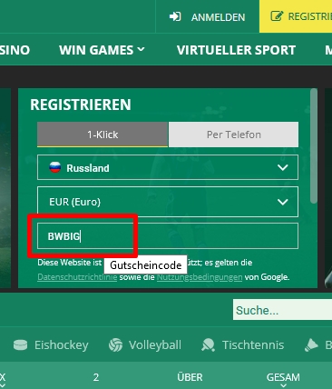 BetWinner Anmeldeformular