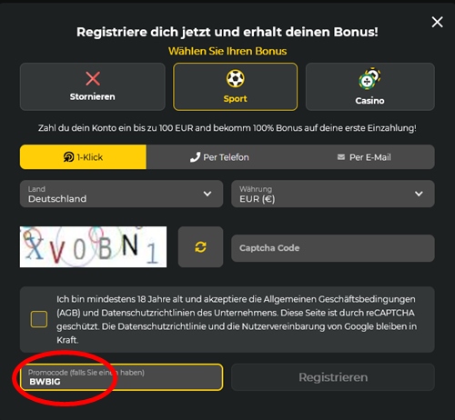 BetWinner Anmeldeformular