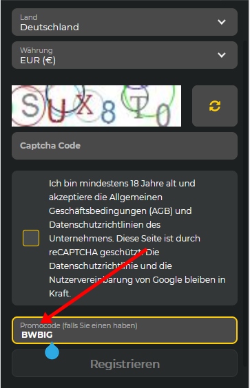 BetWinner Anmeldeformular
