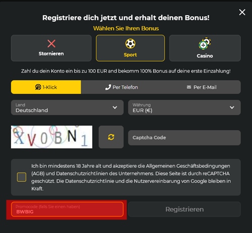 BetWinner Anmeldeformular