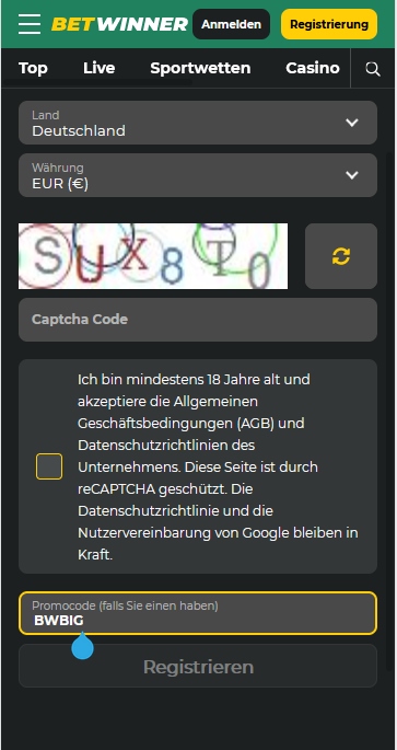 BetWinner Anmeldeformular