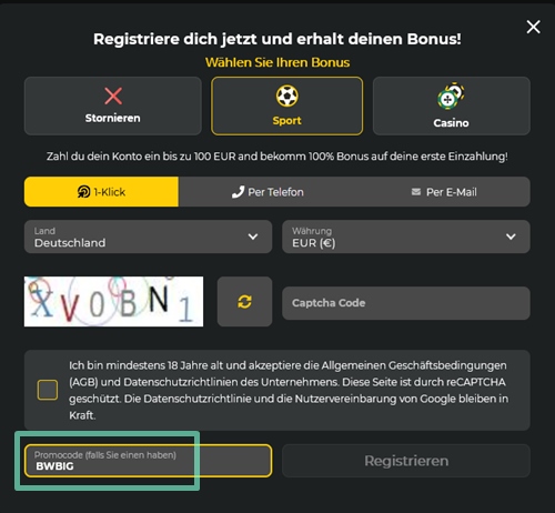 BetWinner Anmeldeformular
