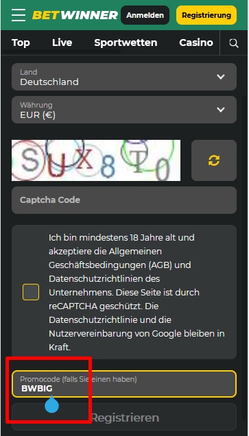 BetWinner Anmeldeformular