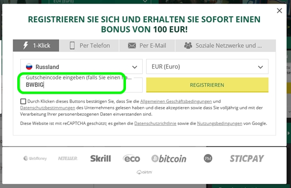 BetWinner Anmeldeformular