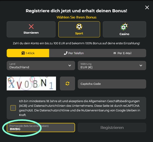 BetWinner Anmeldeformular