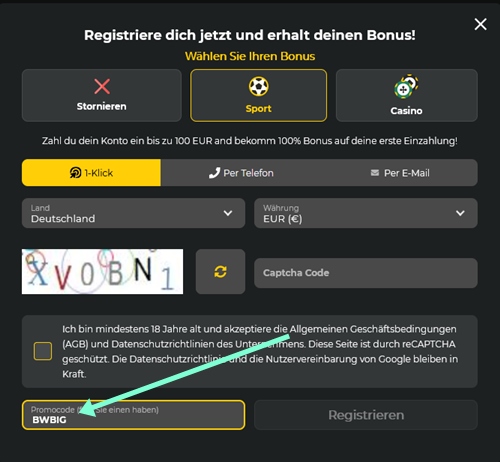 BetWinner Anmeldeformular