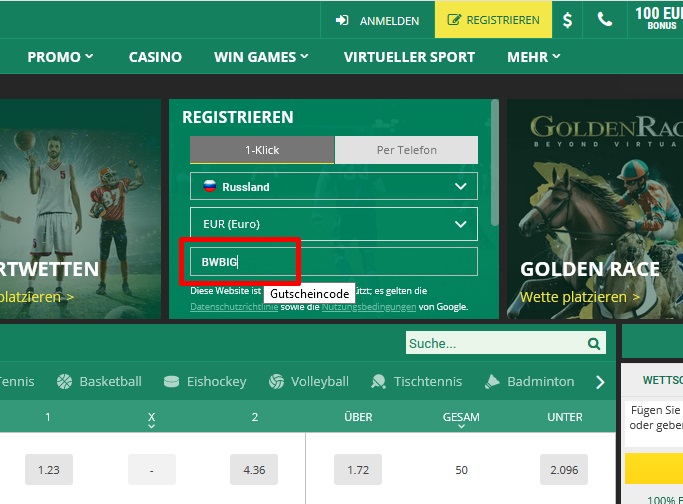 BetWinner Anmeldeformular