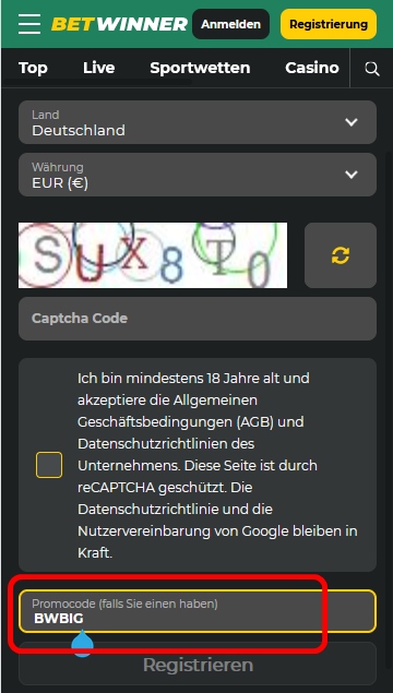 BetWinner Anmeldeformular