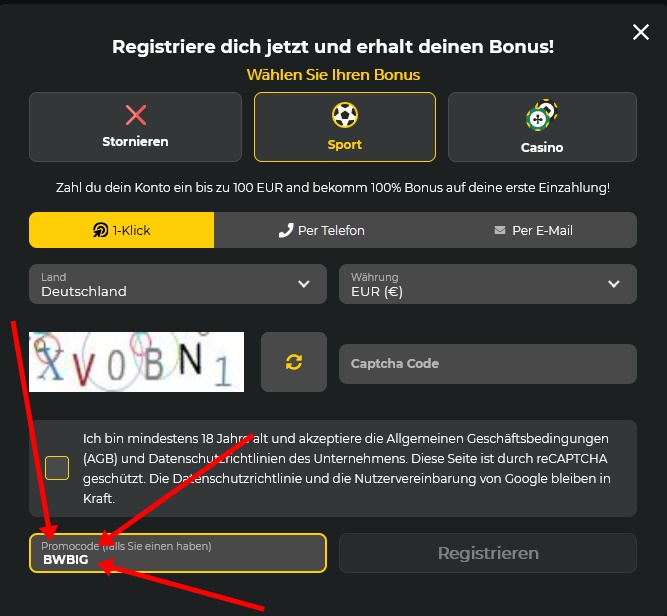 BetWinner Anmeldeformular