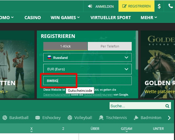 BetWinner Anmeldeformular