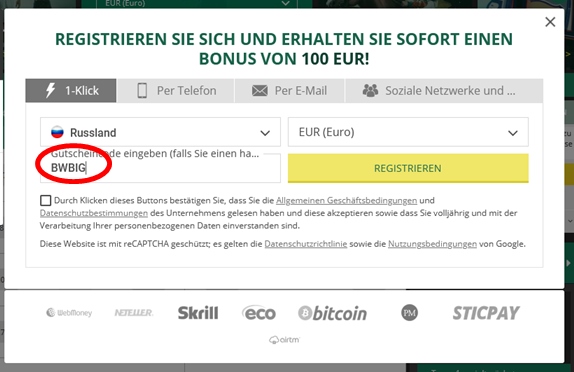 BetWinner Anmeldeformular