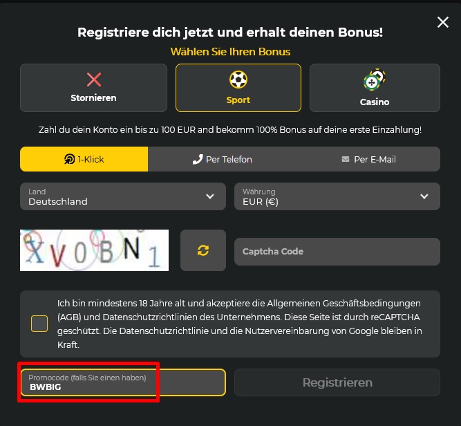 BetWinner Anmeldeformular