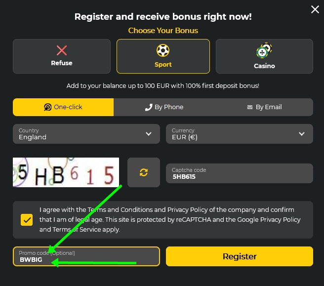 BetWinner registration form