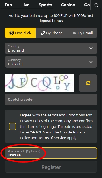 BetWinner registration form