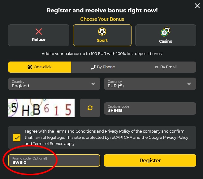 BetWinner registration form