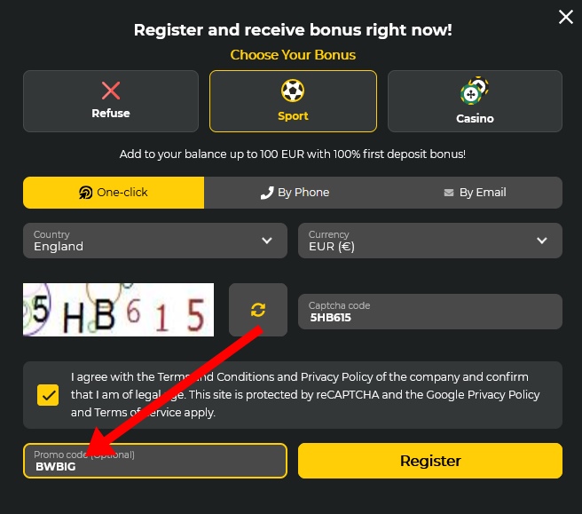 BetWinner registration form