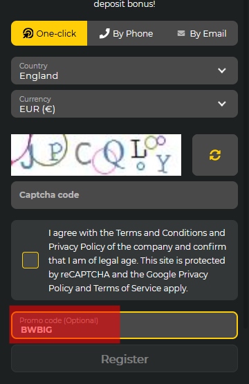 BetWinner registration form