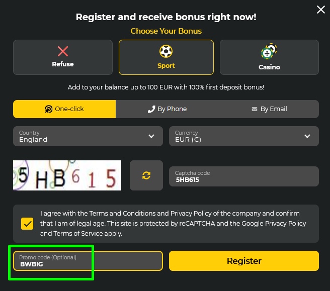 BetWinner registration form