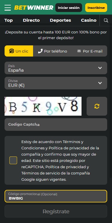 Formulario de registro de BetWinner