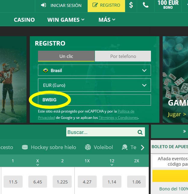 Formulario de registro de BetWinner