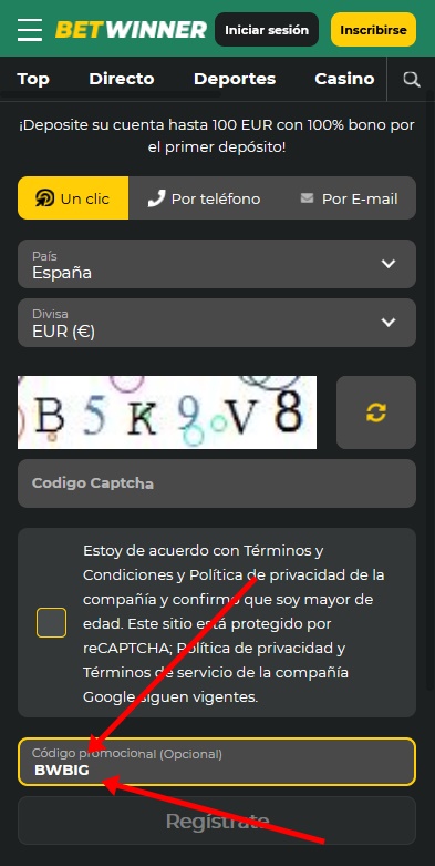 Formulario de registro de BetWinner