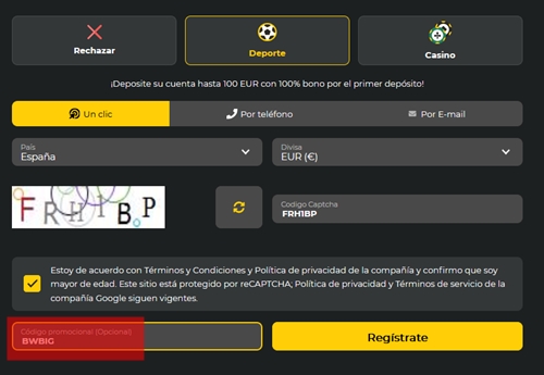 Formulario de registro de BetWinner