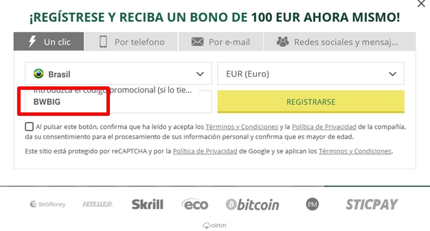 Formulario de registro de BetWinner