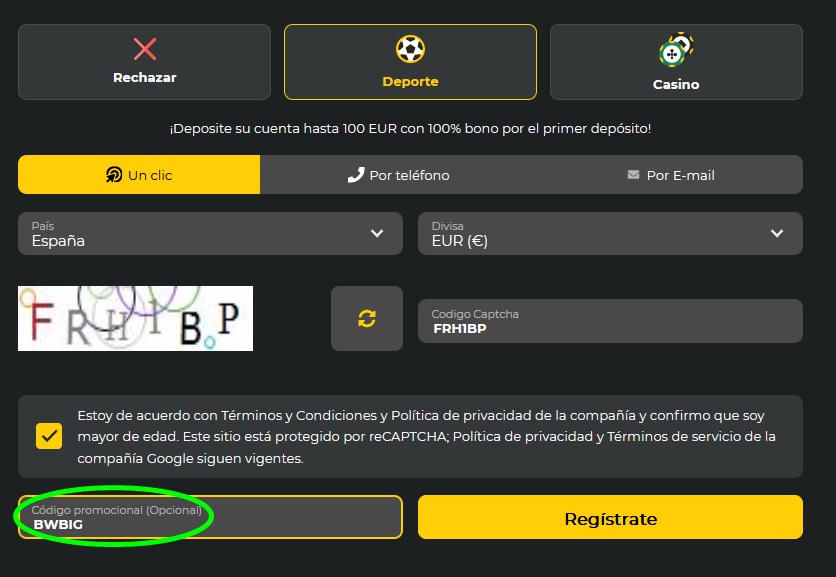 Formulario de registro de BetWinner