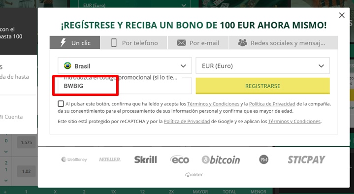 Formulario de registro de BetWinner