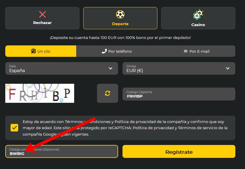 Formulario de registro de BetWinner