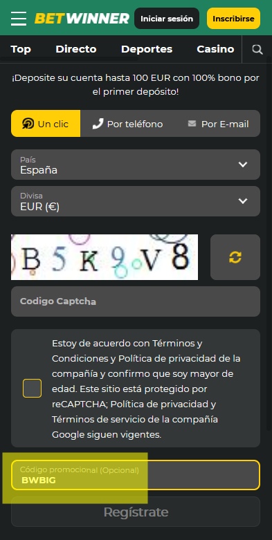 Formulario de registro de BetWinner