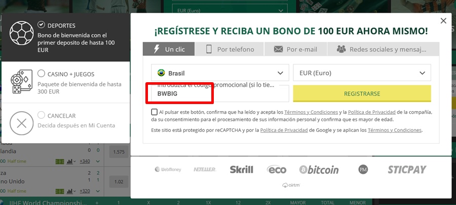 Formulario de registro de BetWinner
