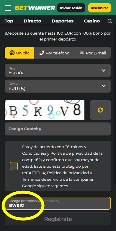 Formulario de registro de BetWinner