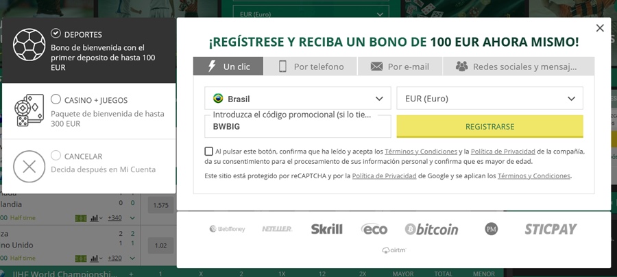 Formulario de registro de BetWinner