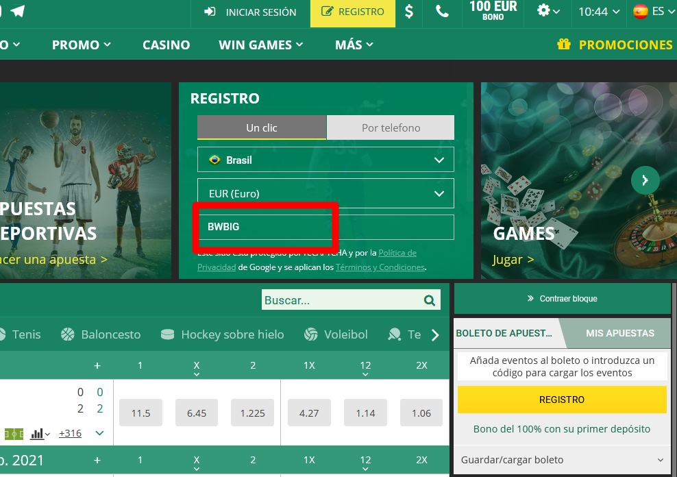 Formulario de registro de BetWinner