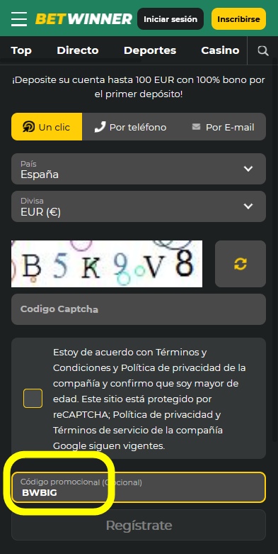 Formulario de registro de BetWinner