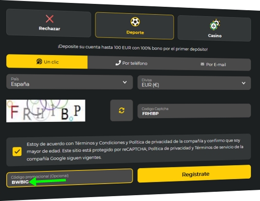 Formulario de registro de BetWinner