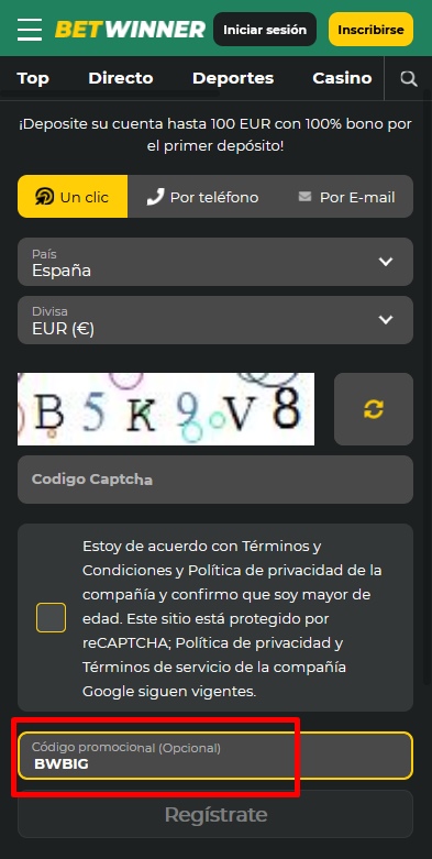 Formulario de registro de BetWinner