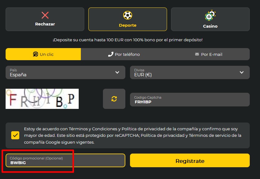 Formulario de registro de BetWinner